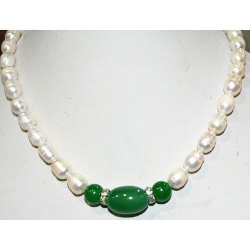 Women Gift word Love charming white akoya cultured pearl & green stone + CZ Necklace -jewelry