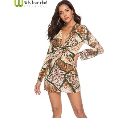2021 Summer New Snake Print Sexy Cross Deep V Pleated Chiffon Dress fashion womens long sleeve Mini Skirt Party Dress