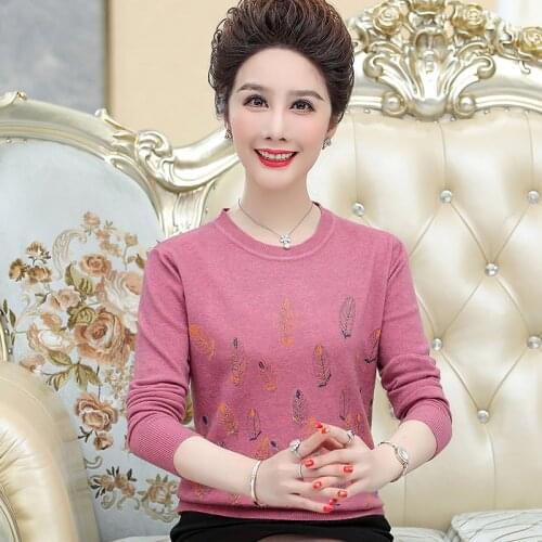 Winter Women' Sweater Mother Dress new Warm Pulloer Short Knitted Bottoming Shirt Crew Neck Jacquard feather Sweater Female