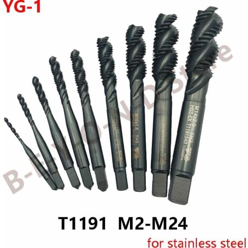 100% Original YG1 T1191 Spiral Flute Taps for Blind Holes in Stainless Steel M2 M2.5 M3 M4 M5 M6 M8 M10 M12 M14 M16 M18 M20 M24