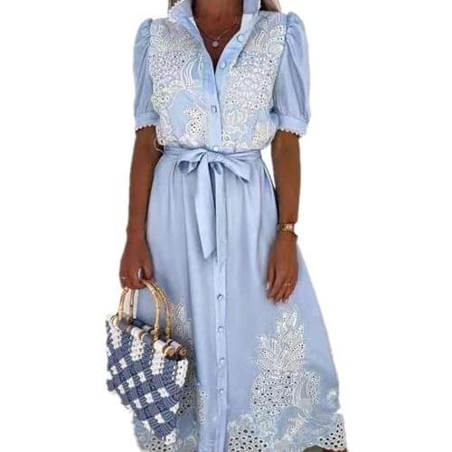 2021 Sexy Patchwork Button Long Elegant Dress Women Tie-Up Belted Shirt Dress Summer Puff Sleeve Lace Party Dress