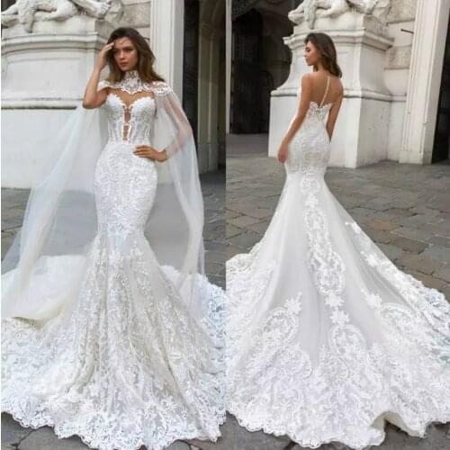 2021 Gorgeous Mermaid Lace Dresses With Cape Sheer Plunging Neck Bohemian Wedding Gown Appliqued Plus Size Bridal