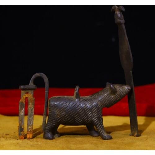 4"Tibet Temple Collection Old Bronze Bear statue Old brass lock Classical lock Town House Exorcism
