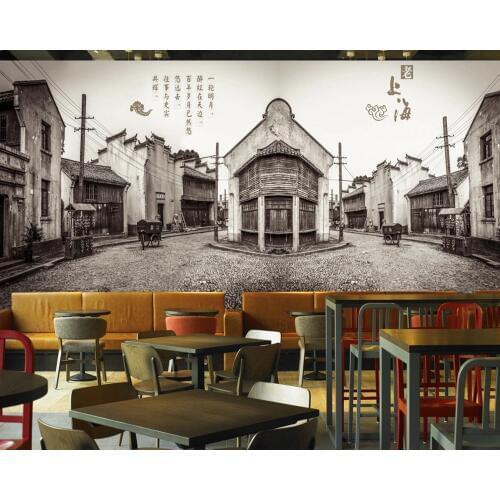 Free Shipping Retro Vintage Old Shanghai Street View Wallpaper Old Architecture Mural Custom 3D Chinese Style Building Wallpaper