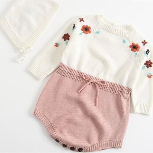 Baby Girls Bodysuit Autumn Romper Baby Knitted Hats Pure Hand-made Embroidered Conjoined Clothes Girl Triangle Climbing Sweater