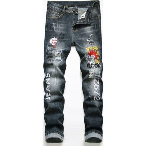 Casual Pants Male Ripped Skinny Trousers Slim Biker Embroidery Jeans Pantalon Homme