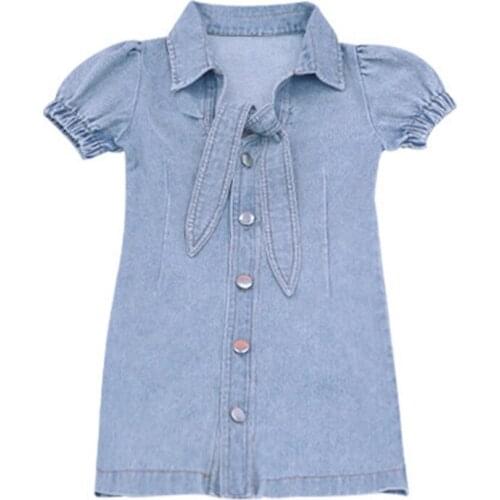 Girls Dress Spring Autumn New 2020 European American Denim Button Bowknot Tail Fringed Dress Long Sleeve Baby Kids Shirt Dress