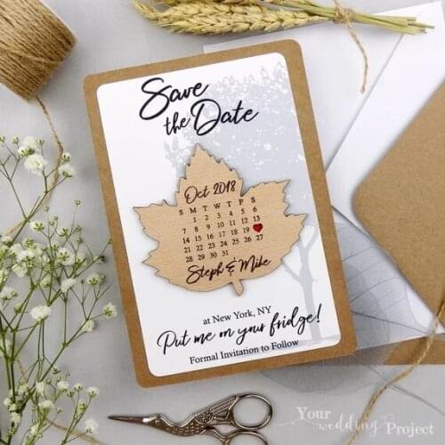 Personalize names date engraved Wooden Card save the date Wedding invitations Magnets, Leaf Save the Date, Wedding Favors