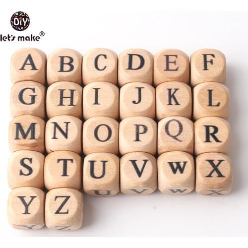 Lets Make Teething Accessories 100pc Square Shape Beech Wood Letter Beads Crib Toy 12mm Teething DIY Jewelry Beads Baby Teether