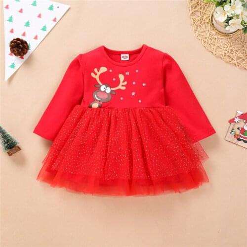 Girl’s Long-sleeved Mesh Yarn Dress Fashion Christmas Reindeer Round Neck Children Princess Dress For 1-4T