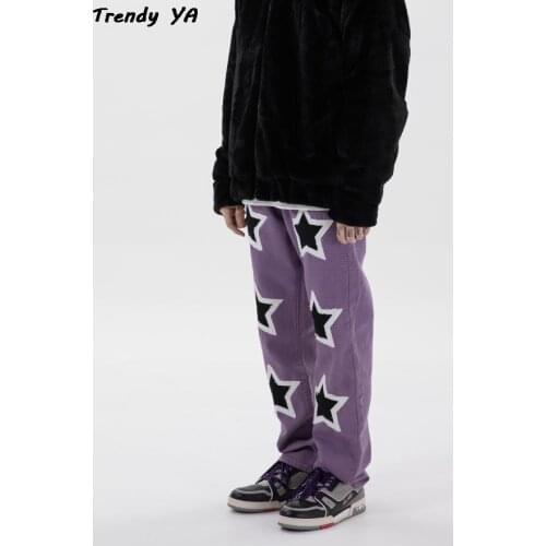 Men and Women Embroidery Stars Frayed Jeans Pants Streetwear Washed Retro Casual Denim Trousers Hip Hop Casual Baggy Pants