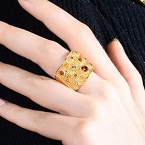 Gold Color Treasure Beach Design Ring Bezel Setting Big Crystal Accessories Ring For Men Woman‘s Finger Embellish Birthday Gifts