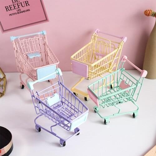 Creative Colorful Mini Supermarket Shopping Cart Funny Trolley Pet Toy Simulation Shopping Handcart Home Desktop Decor Storage