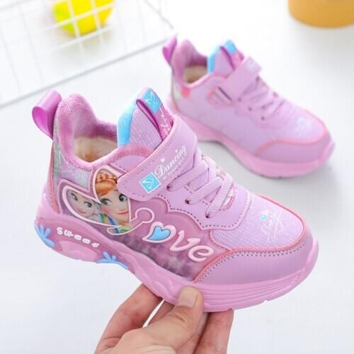 Disney Girls Casual Shoes Autumn Winter Frozen Girls Sneakers Warm Comfortable Children Run Shoes Big Kids Princess Elsa Shoes