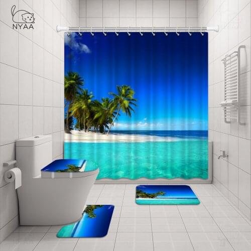 Sea Tree Summer Beach Printed Pattern Bathroom Shower Curtain Pedestal Rug Lid Toilet Cover Mat Non-Slip Bath Mat Carpet Set
