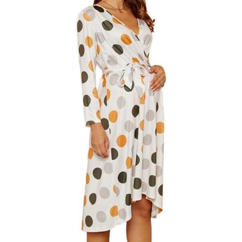 Fashion Sashes V-neck Polka Dot Full Print Knee Long-Sleeve Maternity Nursing Dress Feeding Womens Clothing 2021 New Arrival
