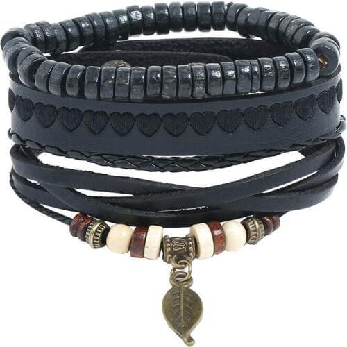 Fashion Hippie Vintage Unisex Jewelry Leaf Black Heart Beads Charms Cuff Bracelets Set Weave Leather Rope Wristbands Bangle Gift