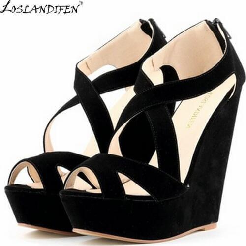 LOSLANDIFEN Fashion Ladies Sandals Velvet Platform Peep Toe High Heels Shoes Wedges Pumps For Women Wedding Shoes big size 35-42