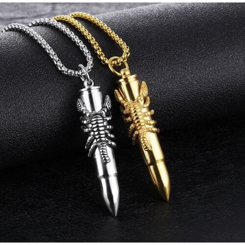 FATE LOVE Brand Novelty Male Boy Men Scorpion Bullet Necklace & Pendant Empty inner Stainless Steel Chain Fashion Jewelry