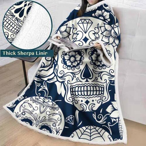 Lannidaa 3D Printed Black And White Sugar Skull Throw Blanket Winter Thick Fleece Sofa TV Blanket Sherpa Sleeve Weighted Blanket