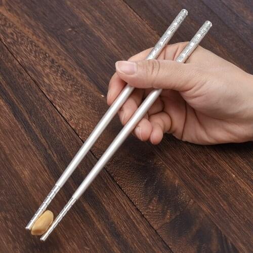 1 Pair Chinese Chopsticks Non-Slip Ag999 Sterling Silver Hand-Carving Chop Sticks Reusable Food Sticks Kitchen Tableware