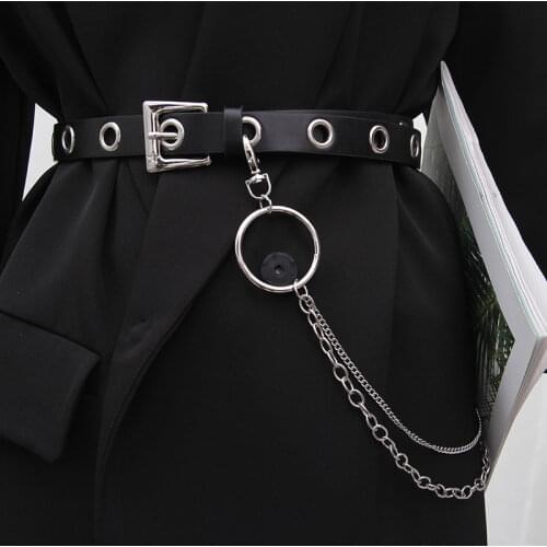 Fashion Ladies Harajuku Leather Designer Belts With Chain Luxury Unisex Aesthetic Grommet Belt Hollow Woman Belt For Jeans