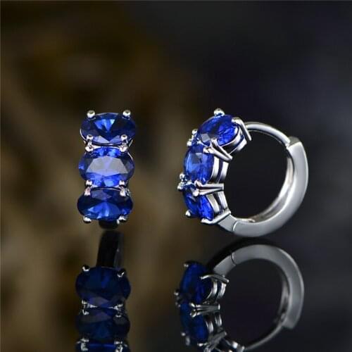 Female Luxury Crystal Oval Stone Earrings Dainty Blue Zircon Small Hoop Earrings Vintage Silver Color Wedding Earrings For Women