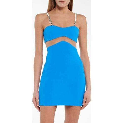 Sexy Spaghetti Strap Mesh Patchwork Women Summer Diamonds Chain Mini Party Dress Club Robe 2021 Femme Korean Vestidos BD2082