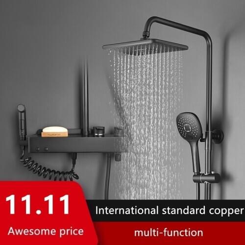 Bathroom Shower Faucets Thermostatic With Sliding Bar Hot Cold Water Shower Sets Wall Tap Mix Black Rainfall Shower