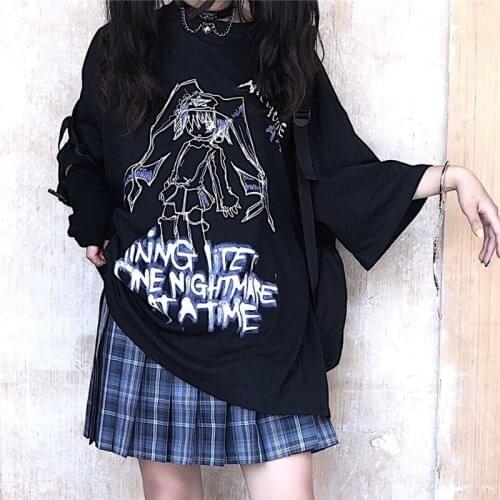 Summer Harajuku retro anime print loose black short sleeve T-shirt women