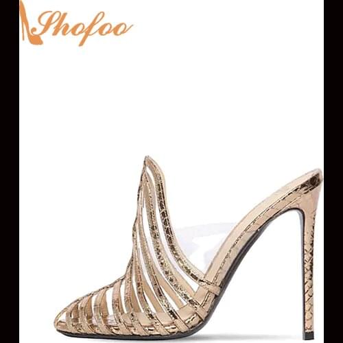 Gold Stiletto High Heels Women Sandals Narrow Band Slip On Large Size 15 16 Ladies Summer Fashion New Mature Sexy Shoes Shofoo
