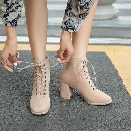 Womens Fashion Ankle Boots Pu Lace Up Square Heels Round Toe Pumps For Female Winter High Heels Non Slip Zipper Modern Boots