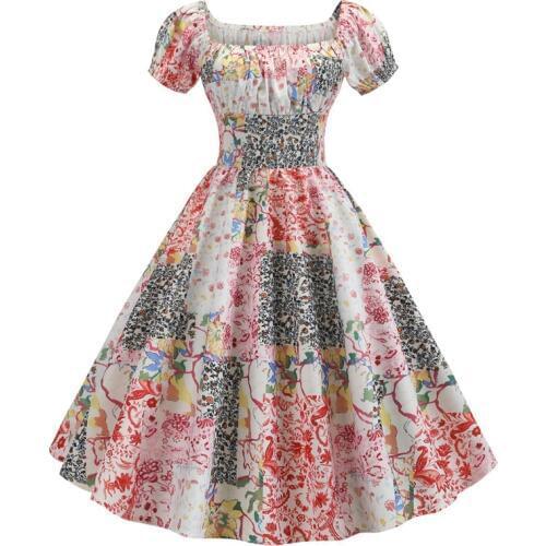 2019 Women Summer Vintage Dress Floral Print Short Sleeve Elegant Party Retro Rockabilly Dress Plus Size robe longue White Midi