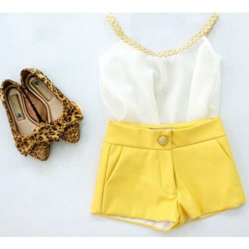 Sweet Lovely Summer 2PCS Toddler Baby Girls Sets Chiffon Sleeveless White Tops Yellow Slim Button Shorts Outfit 2-11Y