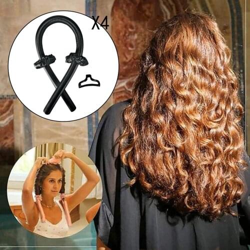 4Pcs Styler Heatless Curling Rod Headband Curls Silk Ribbon DIY Tools Black