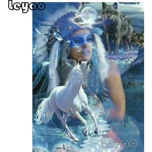 Diy diamond painting indian woman diamond embroidery horse and wolf full rhinestone icons diamond art 5d square/round drill gift