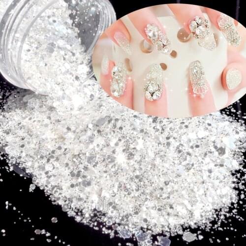 Nail Glitter Tips Shiny Pure Silver Plated Glitter Sequin Powder White 0.2mm & 1mm & 2mm Nail Art Decoration Makeup Manicure
