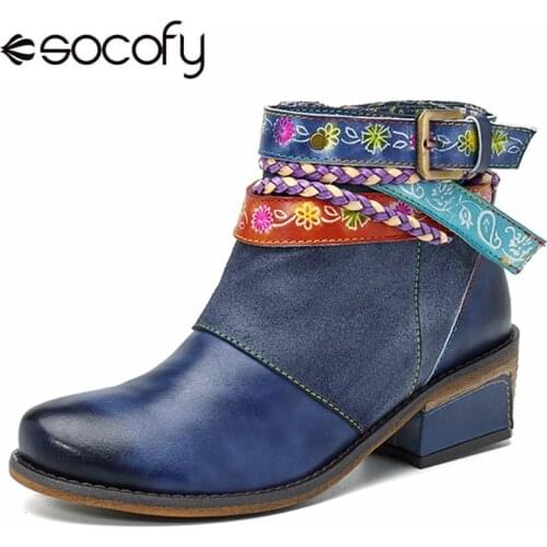 Socofy Genuine Leather Women Boots Vintage Bohemian Ankle Boots Women Shoes Zipper Low Heel Ladies Shoes Woman Botas Mujer 2020