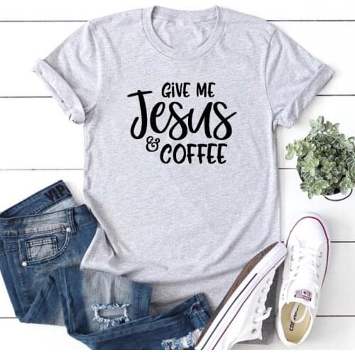 Give Me Jesus & Coffee Plus Size Women T-shirt Christian Shirt Fashsion Letter Cotton Female Clothes O Neck Short Sleeve Top Tee