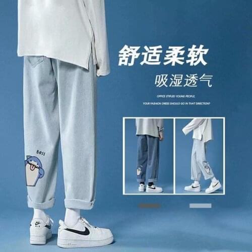 Cartoon print jeans straight leg high waist casual pants джинсы для мужчин брюки мужские ropa hombre denim trousers pantalon2021