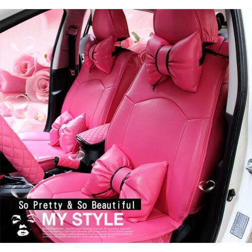 Beautiful Pink Red Bow Pillow Car Head Neck Pillow PU Leather Waist Supports Bow Seat Rest Back Lumbar For Girls Women