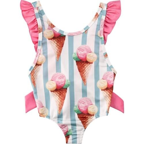 Newborn Kids Baby Girls Lace Patchwork O Neck Striped Swimsuit Swimwear Swimming Bikini Bathing Suit