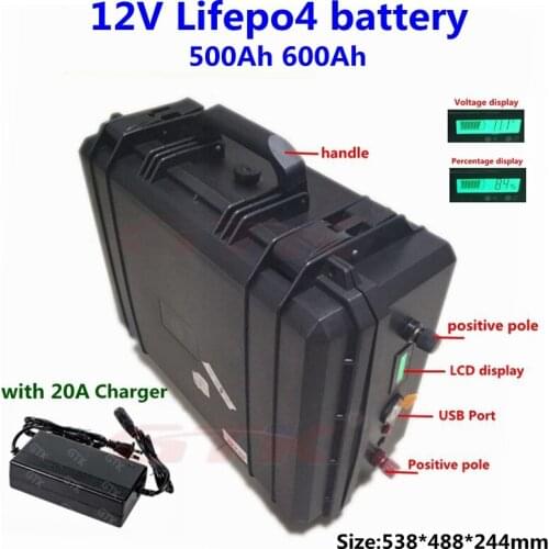 Deep cycle 12V 500Ah 600Ah Lifepo4 lithium battery 12V BMS 4S for solar storage UPS solar power system electric boat+20A charger