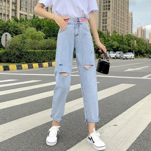 Baggy Jeans 2021 For Women Ripped Hole Denim Jeans Ladies High Waist Jeans Full Length Denim Harem Pants Korean Fashion