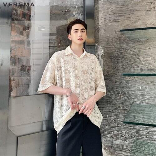 VERSMA Japanese Vintage Style See Through Top Transparent T Shirts Men BF Lace Transparent Blouse T Shirt Men Women Dropshipping