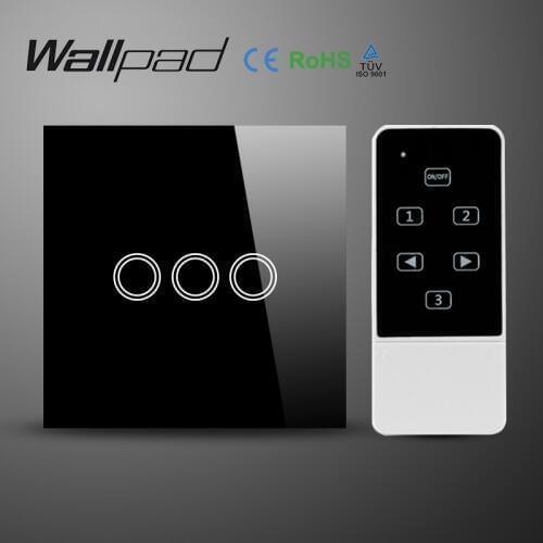 Wallpad UK Standard Smart Home Black Touch screen Light Switch with RF Remote 3 Gang Crystal Tempered Glass Panel Wall Switch
