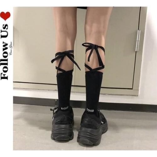 Japanese Harajuku Calf Sock Female Summer Black White Cross Straps Tube Socks Lolita Sexy Letter Skirt College Socks Woman