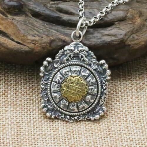 Wholesale S925 Sterling Silver Retro Thai Silver Jewelry Personality Vintage Old Jiugong Gossip 12 Zodiac Men And Women Pendant