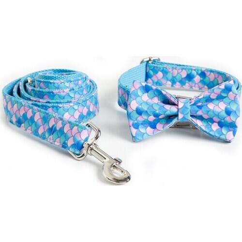 Dog Collar with Name Engraved Personalized Dog Collar for Small Dogs Luxury Mermaid Printing Pet Collar with Bow Easy to Wear