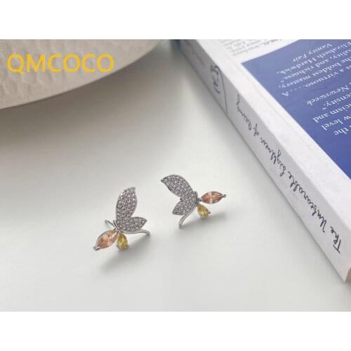 QMCOCO Korean Version INS Zircon Butterfly Stud Earrings For Women Simple Elegant Design 2021 New Style 925 Silver Ear Ornaments